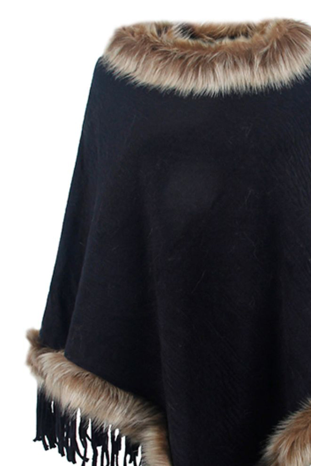 Faux Fur Retro Fringe Hem Textured Knit Pullover Poncho