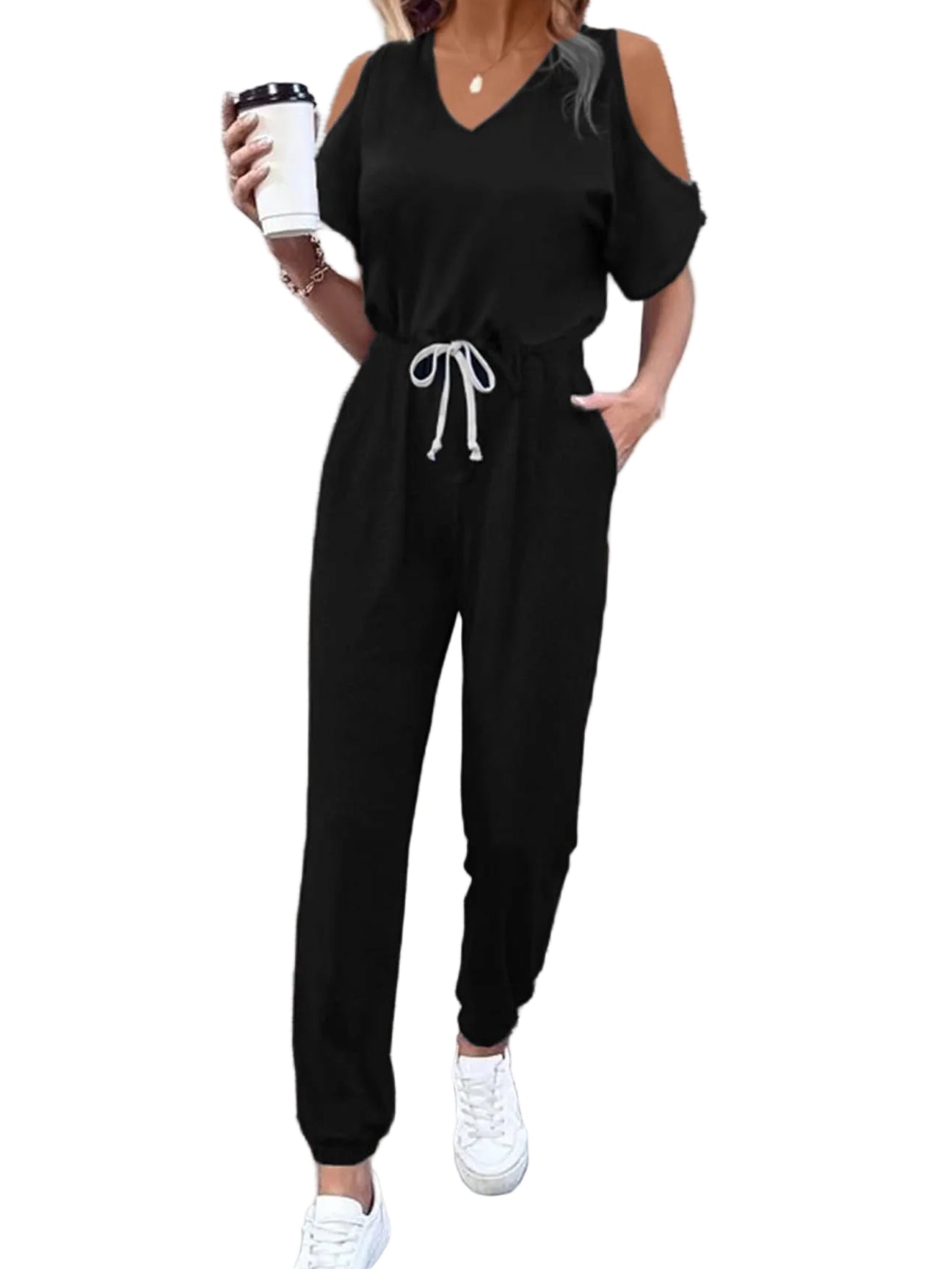 Cold-Shoulder Elastic Waist One-Piece Ankle Jogger V-Neck Pocket Jumpsuit