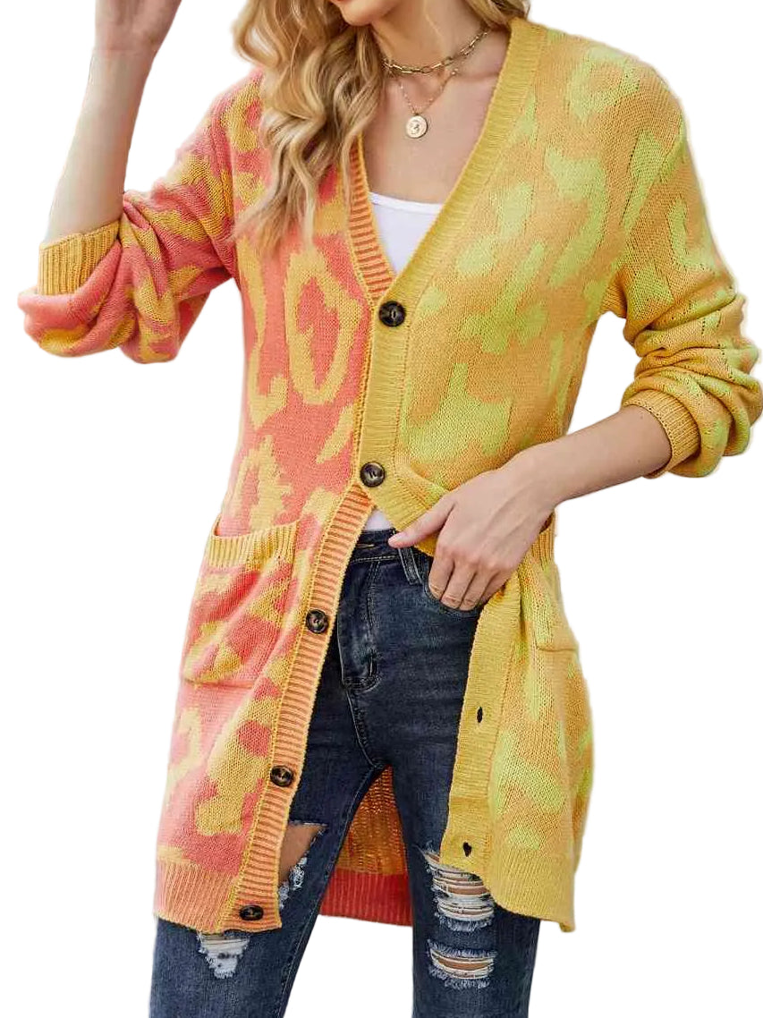 Colorblock Leopard Print Longline Button Front Long Sleeve Oversized Cardigan