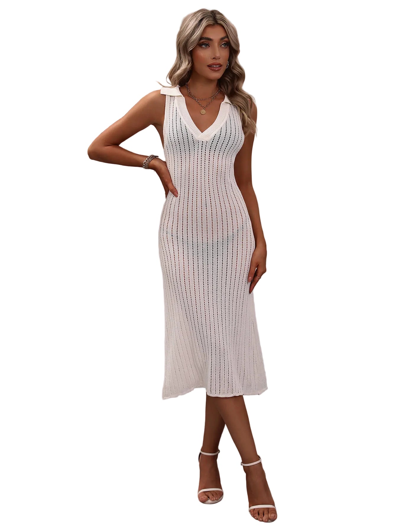 Openwork Knit Swimwear Johnny Collar Sleeveless Bodycon Cover-Up Midi Dress