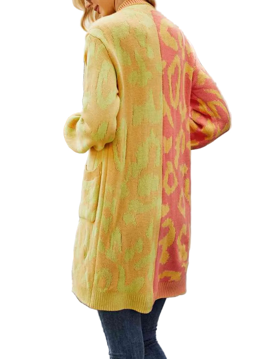 Colorblock Leopard Print Longline Button Front Long Sleeve Oversized Cardigan