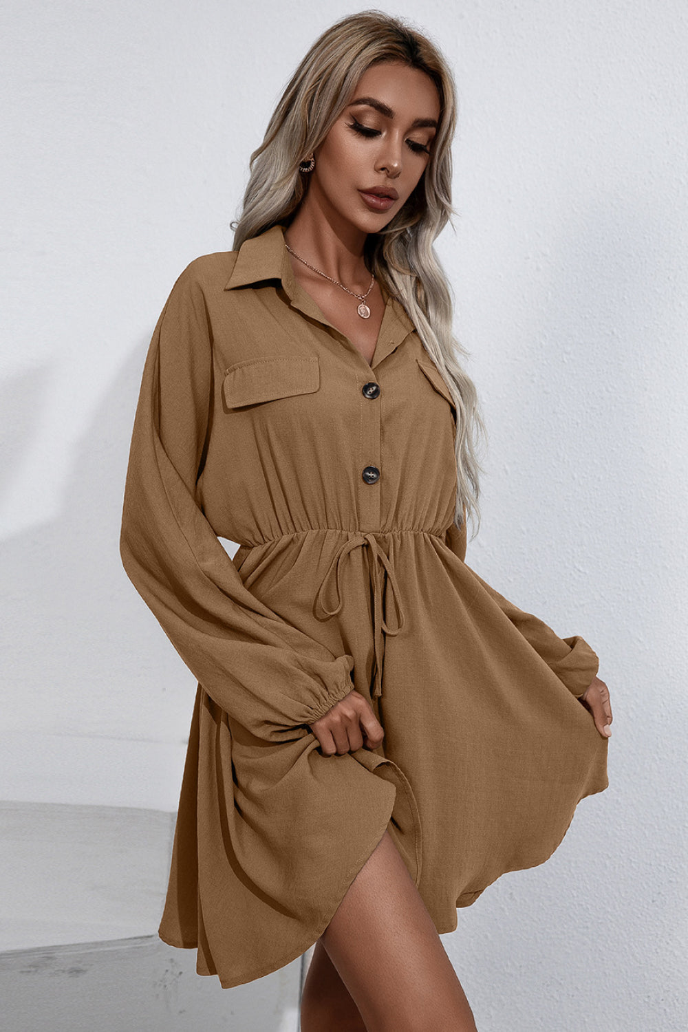 Oversized Button Front Collared Long Sleeve Shirt Dress
(4 Colors Available)