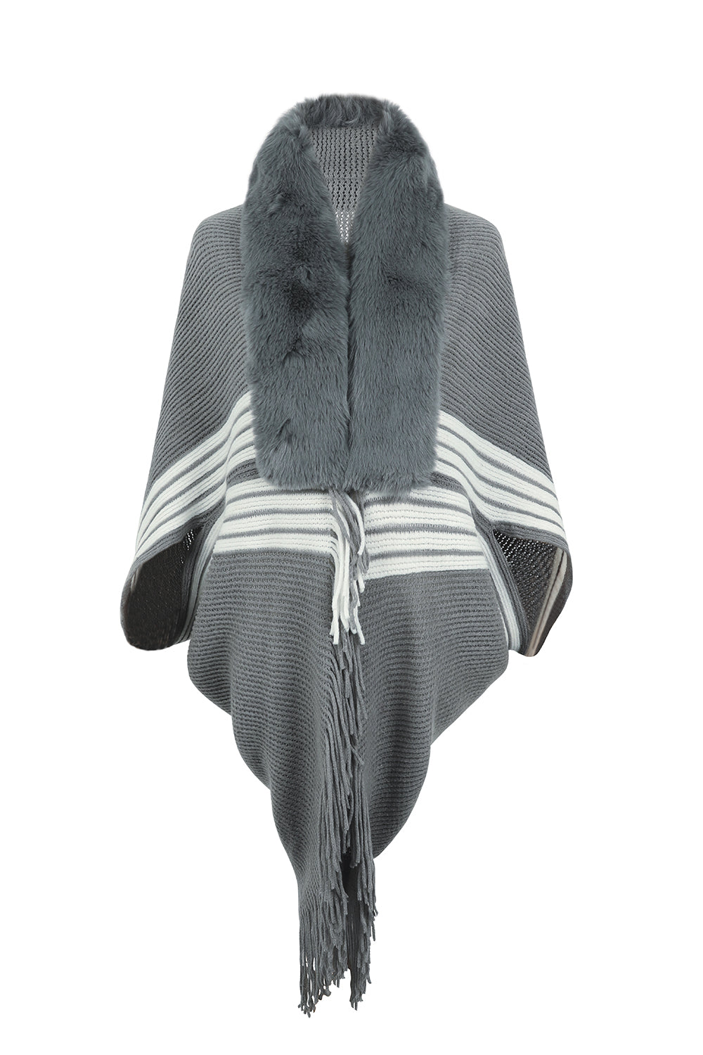 Faux Fur Fringe Hem Oversized Knit Stripe Cardigan Poncho