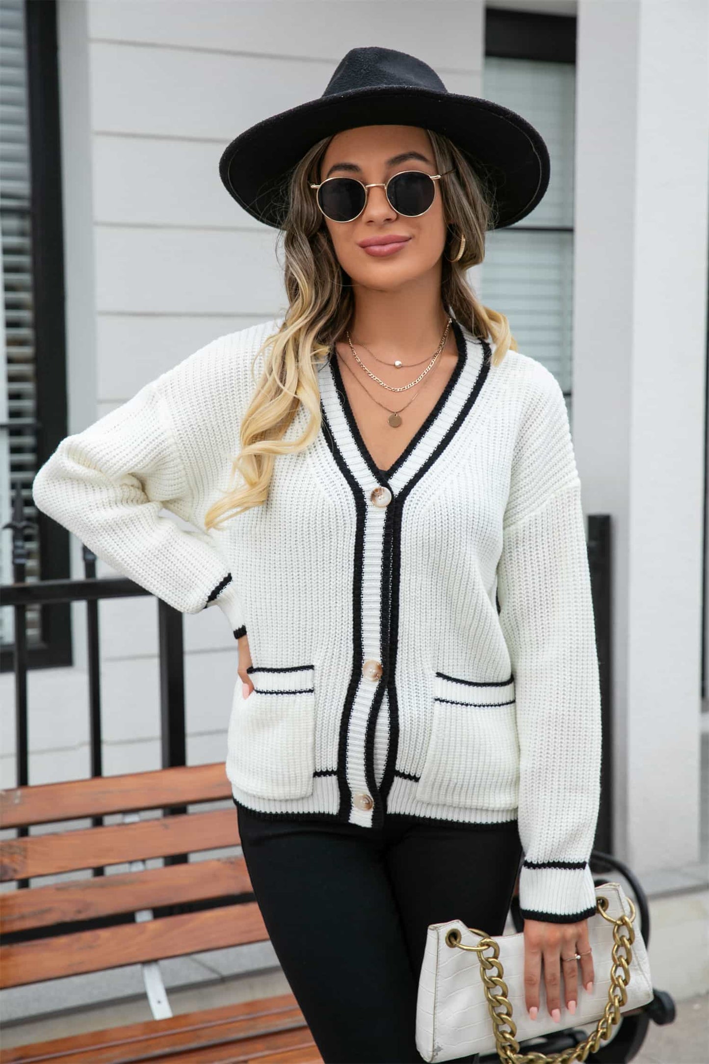 Contrast Waffle Knit Button Front Pocket Sweater Cardigan