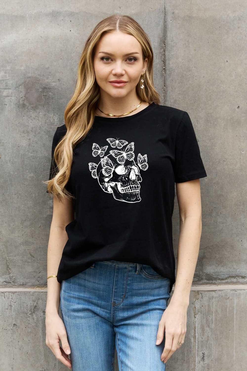 Skull Butterfly Contrasting Graphic 100% Cotton Short-sleeve Tee Shirt