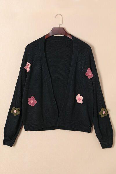 Oversized Crochet Daisy Flower Long Sleeve Open Front Waffle Knit Cardigan