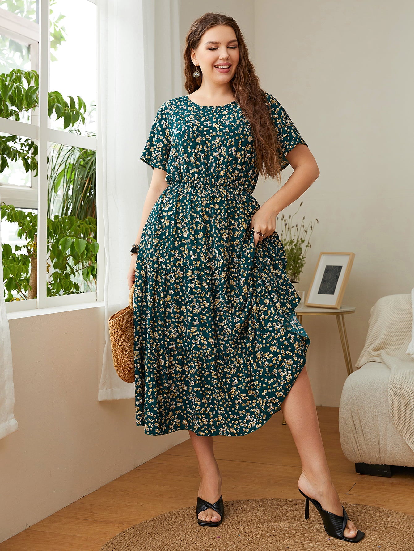 Classy Floral Round Neck Short Sleeve Modest Midi Dress