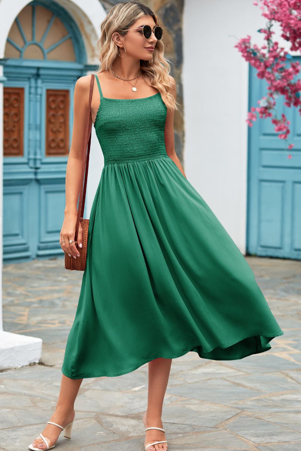 Classic Smock Bodice Spaghetti Strap Midi Summer Dress