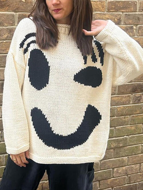 Knit Smiley Face Color Contrast Abstract Long Sleeve Oversized Pullover Sweater Top