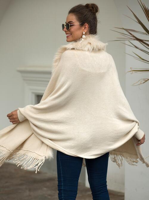 Plush Faux Fur Retro Fringe Hem Open Front Knit Poncho Knit Cardigan