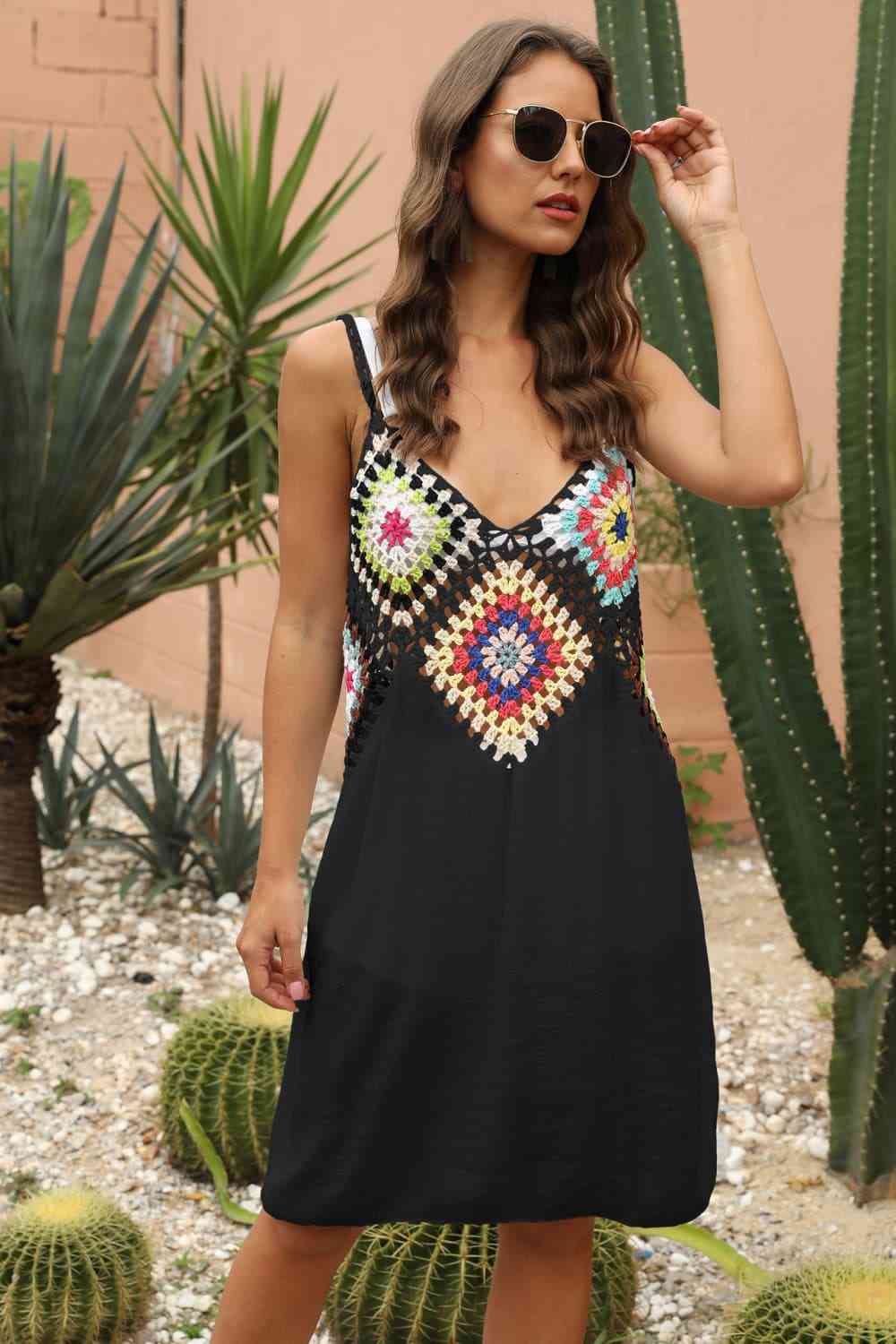 Granny Square Crochet Openwork Retro Swimwear Cover-Up Sleeveless Mini Dress