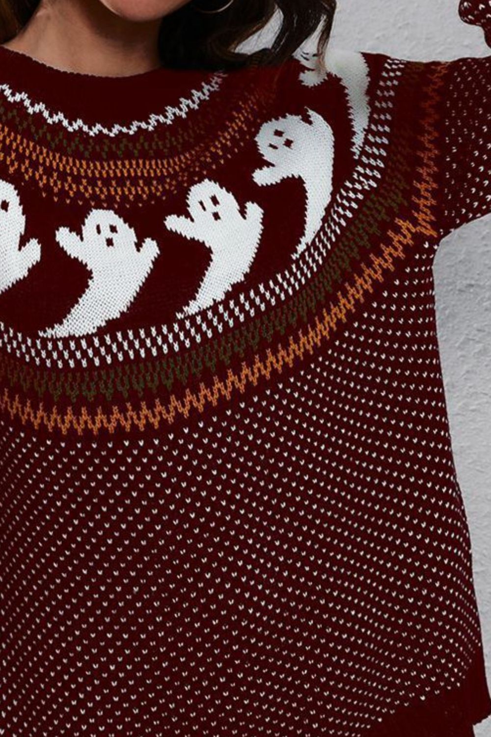 Ghost Fair Isle Nordic Crew Neck Top Long Sleeve Halloween Pullover Knit Sweater