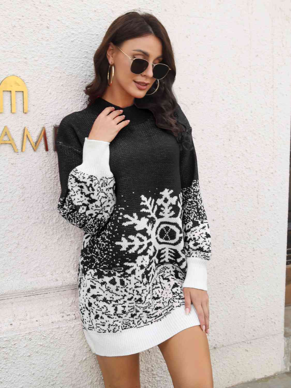 Contrasting Color Snowflake Classic Knit Long Sleeve Mini Sweater Dress