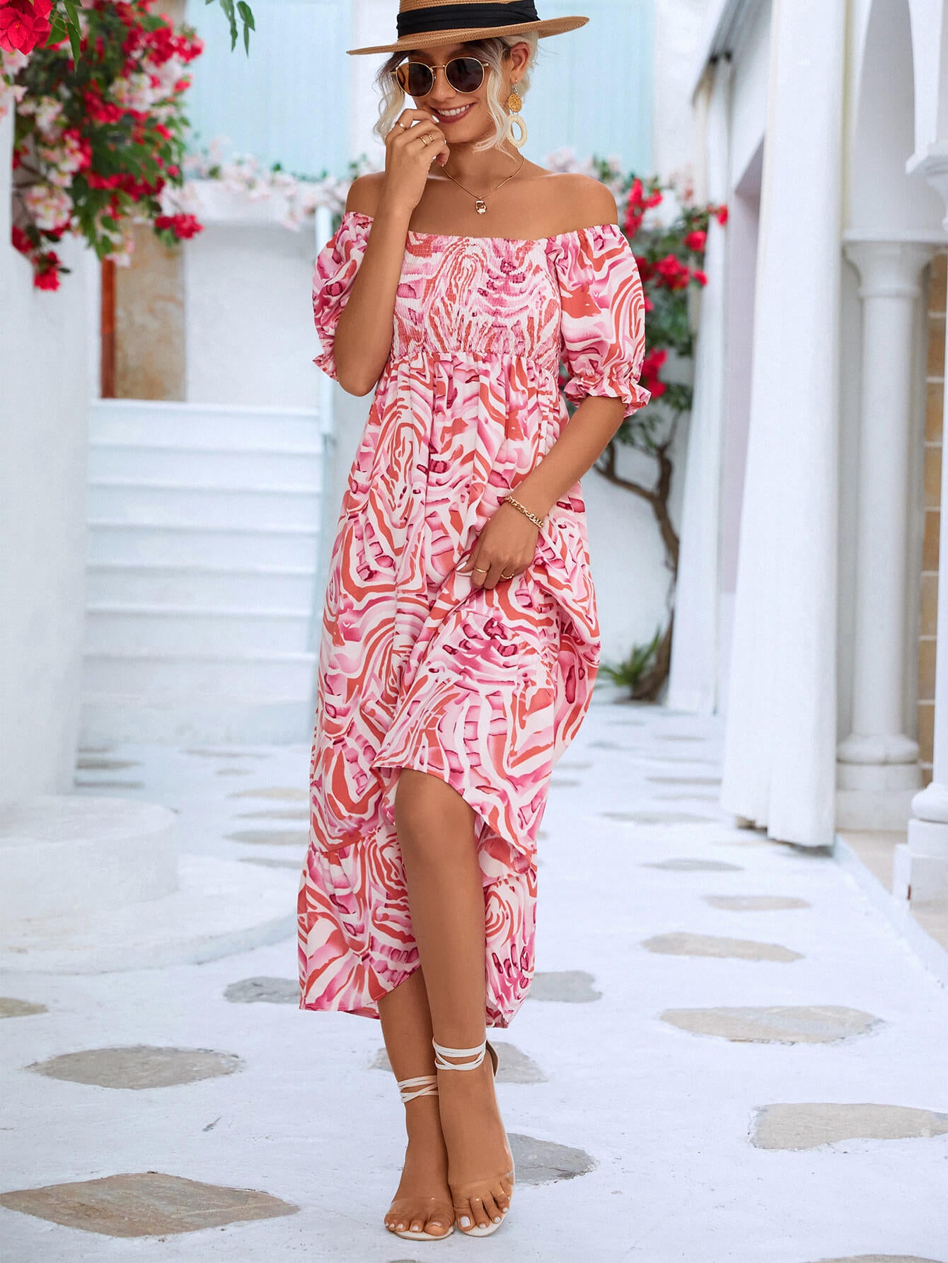 Off The Shoulder Smocked Bodice Flowing Midi Summer Dress