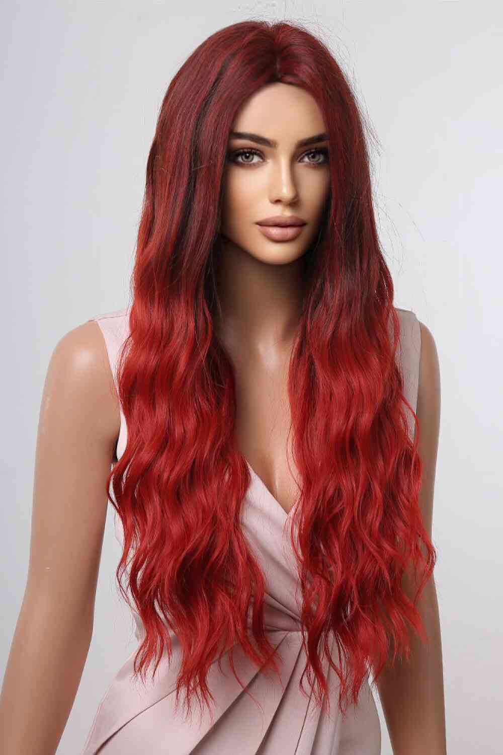Red Ombre Long Wavy 27" Synthetic Hair Wig 13x1" Lace Front Capless-Cap Adjustable Tabs