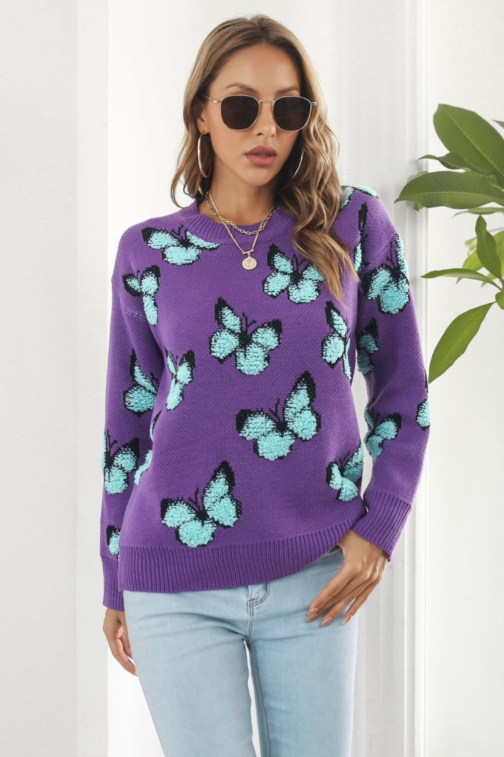 Fuzzy Monarch Butterfly Raised Shag Bold Colors Knit Pullover Sweater Shirt