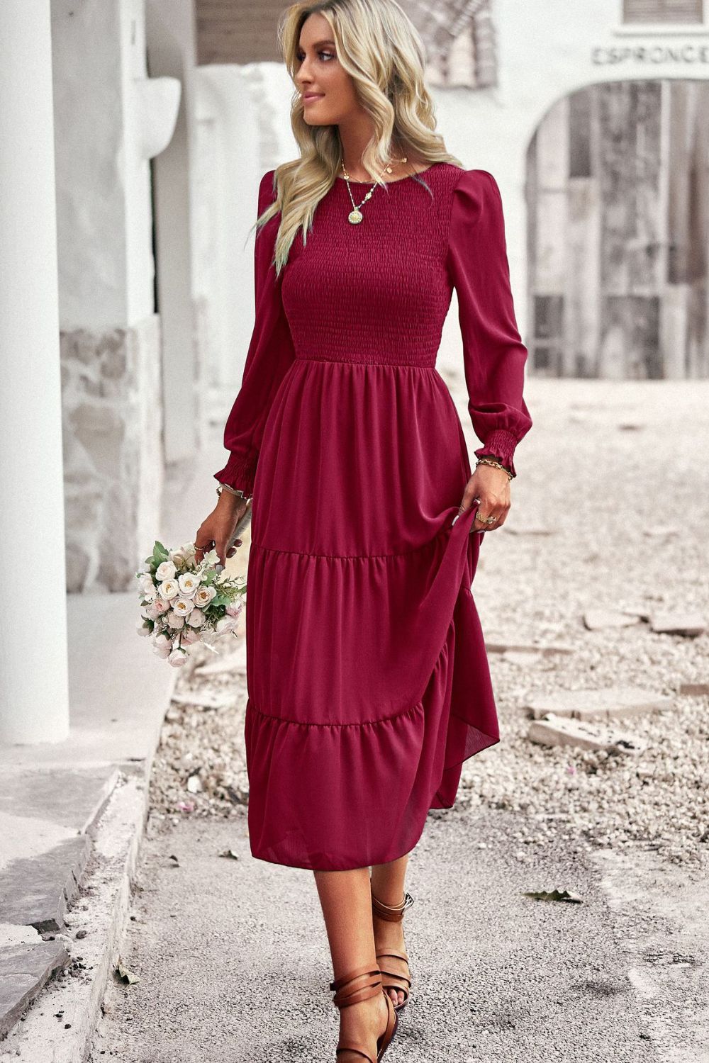 Elegant Smocked Bodice Flounce Long Sleeve Lined Midi Dress