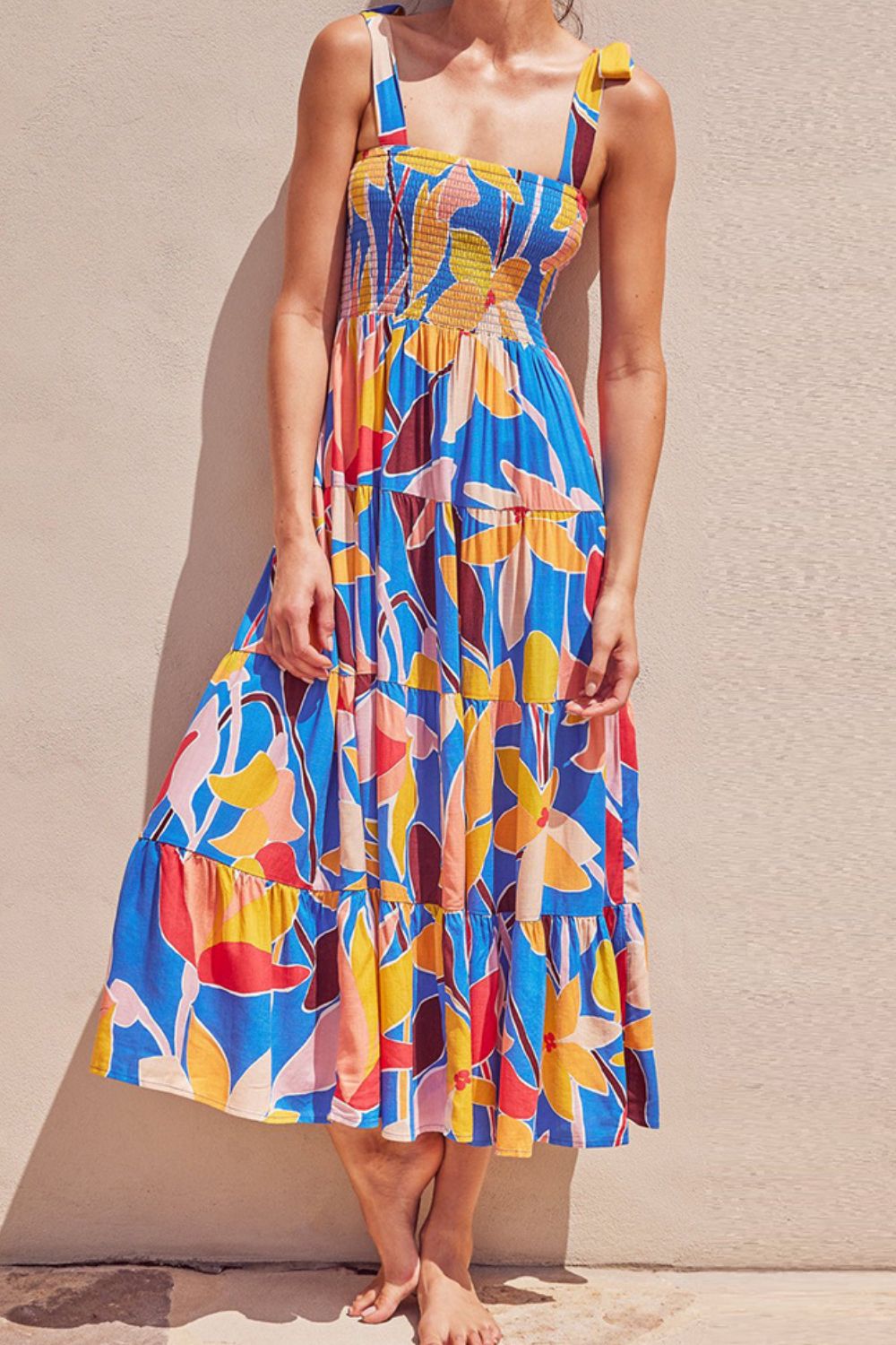 Vibrant Floral Abstract Tie Shoulder Smocked Bodice Tiered Maxi Summer Dress
