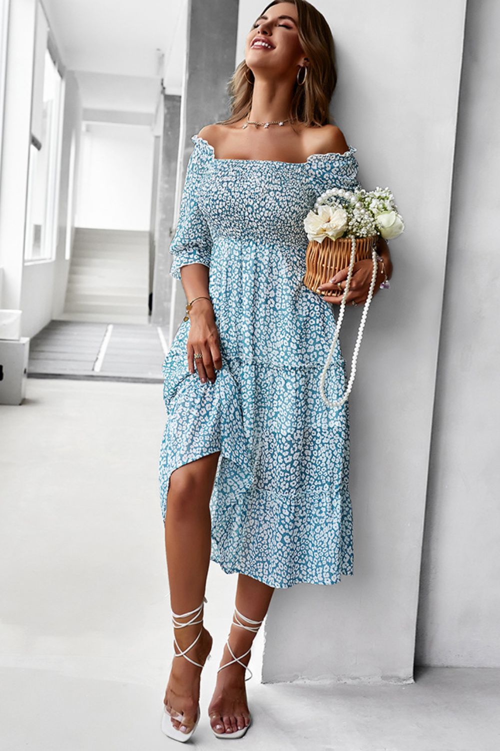 Pastel Ditsy Floral Midi Off-Shoulder Smocked Dress