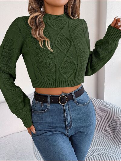 Waffle Cable Knit Crop Top Round Neck Long Sleeve Minimalist Sweater Shirt