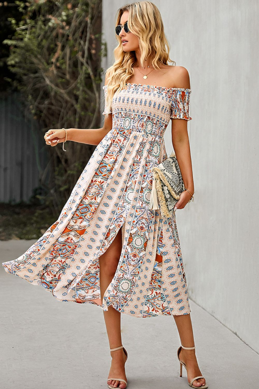 Bohemian Retro 70s Floral Smock Chest Off-Shoulder Midi Summer Dress