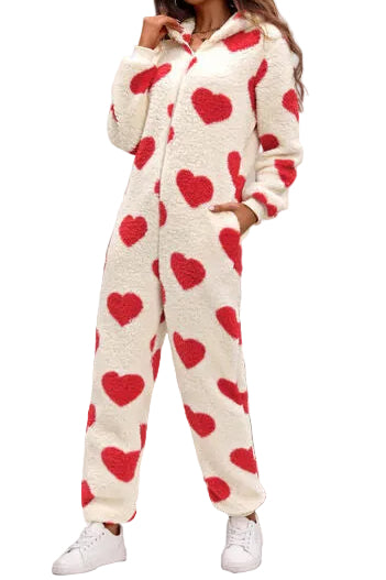 Fuzzy Sherpa Heart Hooded Zip-Up Teddy Sherpa One-Piece Loungewear Jumpsuit