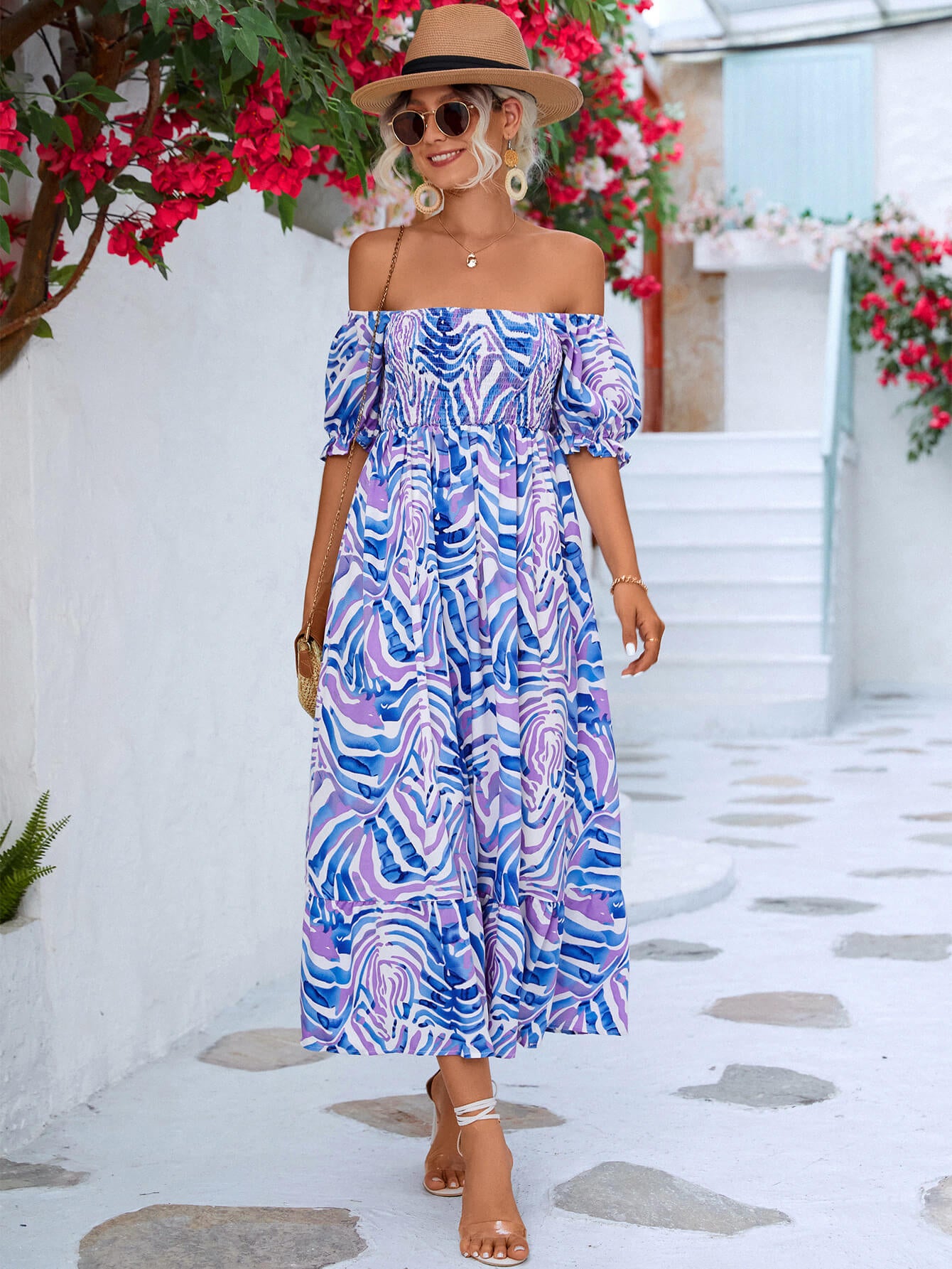 Off The Shoulder Smocked Bodice Flowing Midi Summer Dress