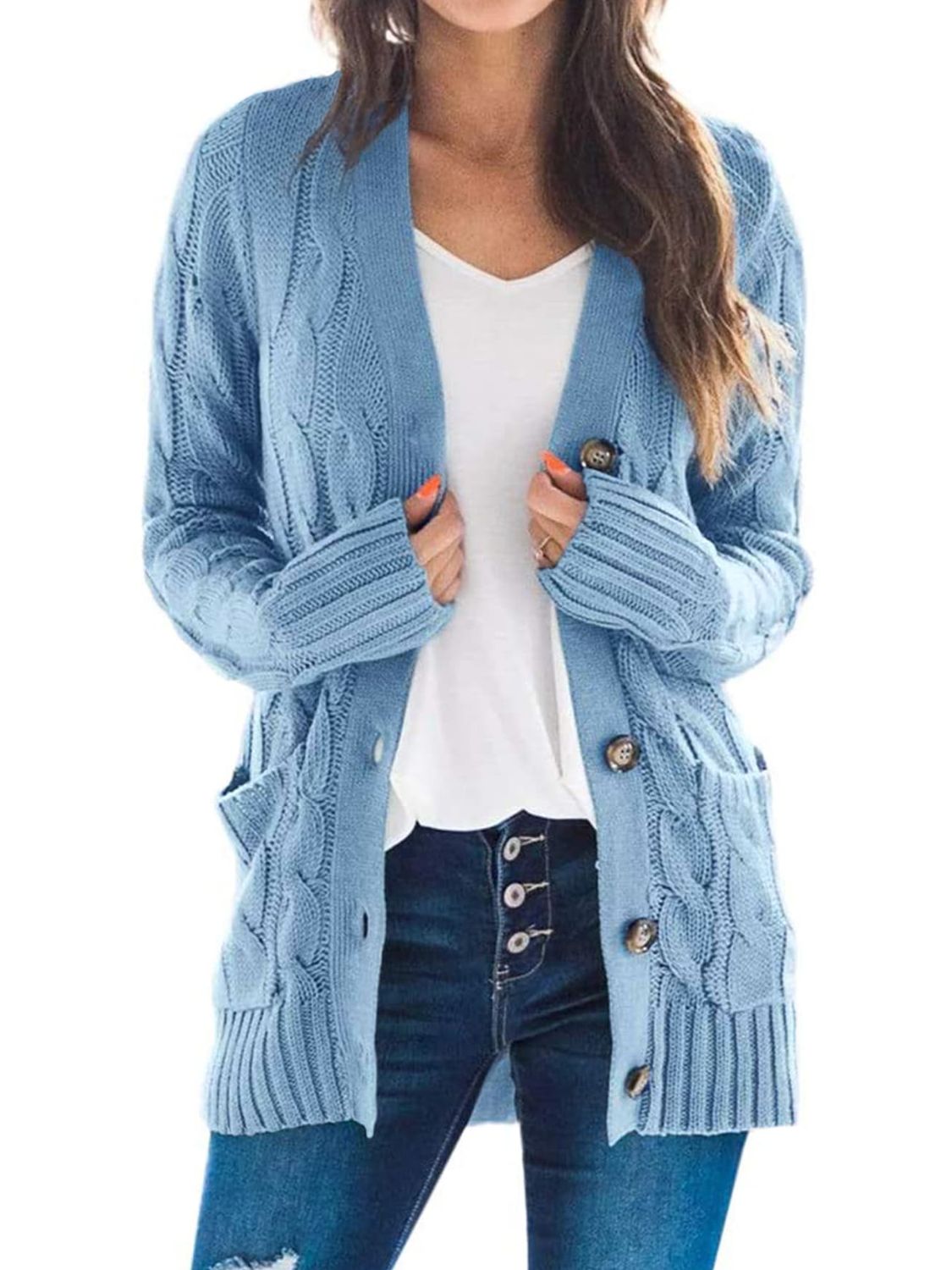Classic Cable-Knit Buttoned Oversized Cardigan Patch Pockets