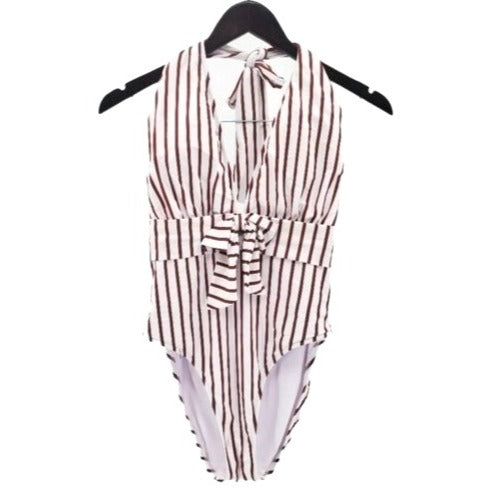 WE WORE WHAT One-piece Bathing suit Brooklyn Striped Plunge V-neck Halter swimsuit