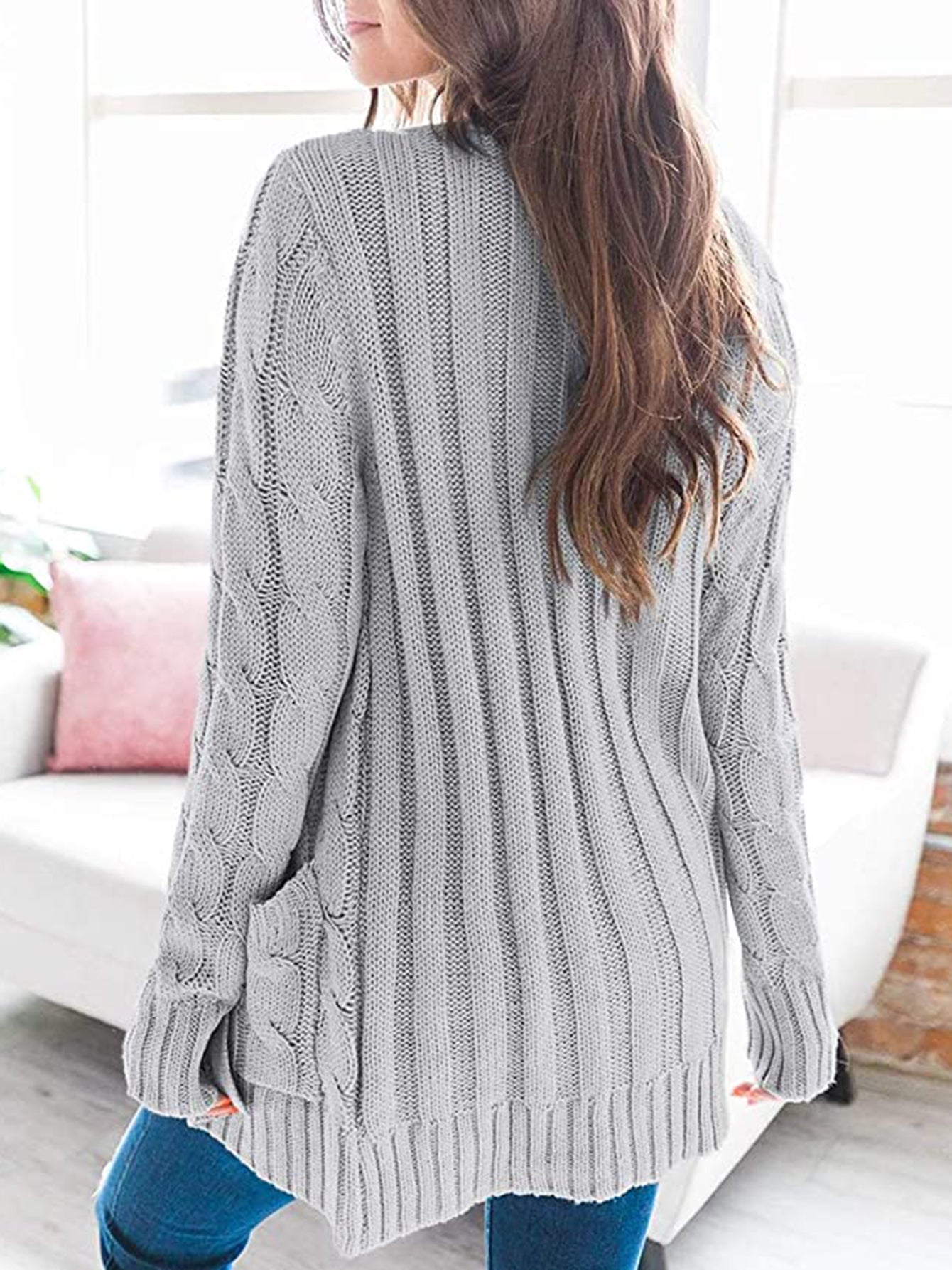 Classic Cable-Knit Buttoned Oversized Cardigan Patch Pockets