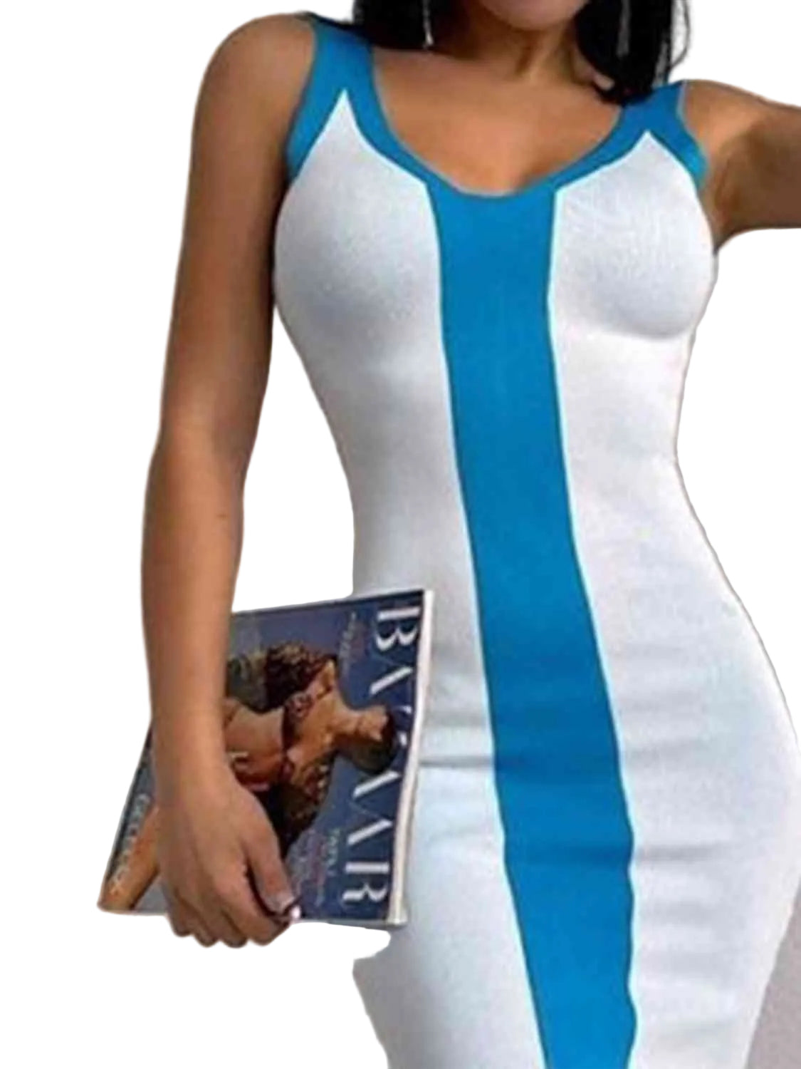 Contrast Colorblock Scoop Neck Fitted Sleeveless Bodycon Back Slit Midi Dress