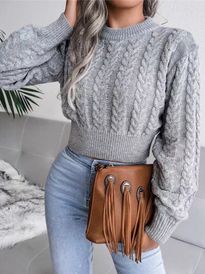 Classic Cable Knit Crop Top Round Neck Long Sleeve Minimalist Sweater Shirt