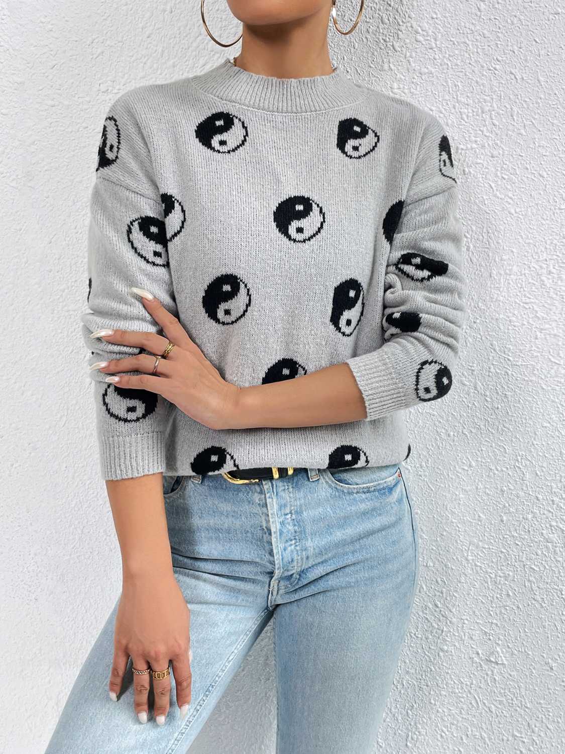 Unique Print Knit Pullover Celestial Mushroom Skull Yin Yang Sweater Shirt