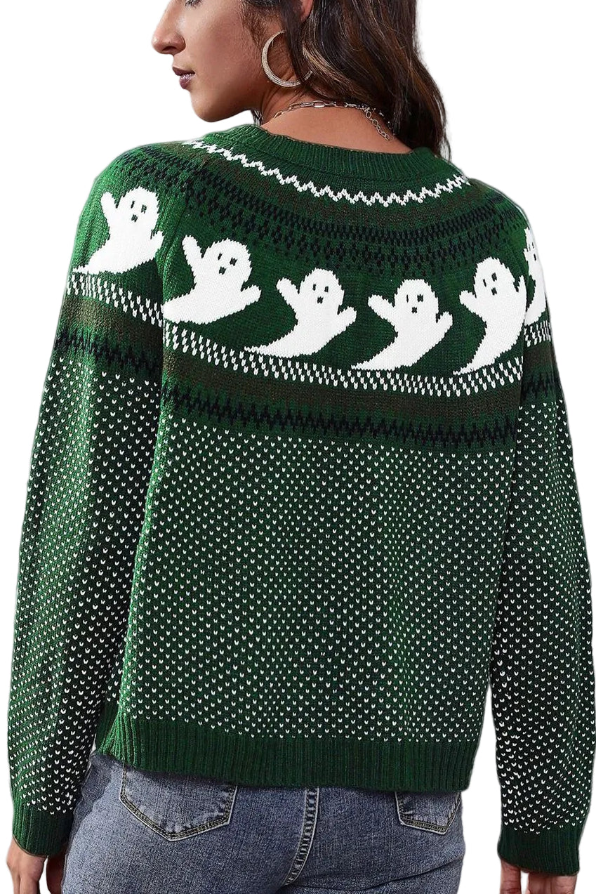 Ghost Fair Isle Nordic Crew Neck Top Long Sleeve Halloween Pullover Knit Sweater