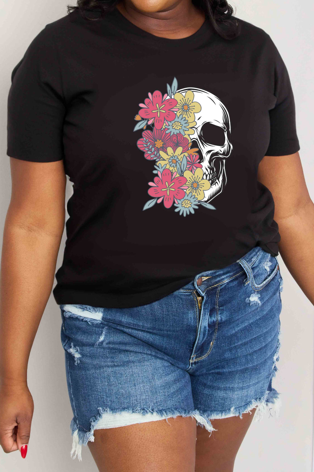 Colorful Floral Skull Graphic 100% Cotton Short Sleeve Tee Shirt (Plus Size Available)