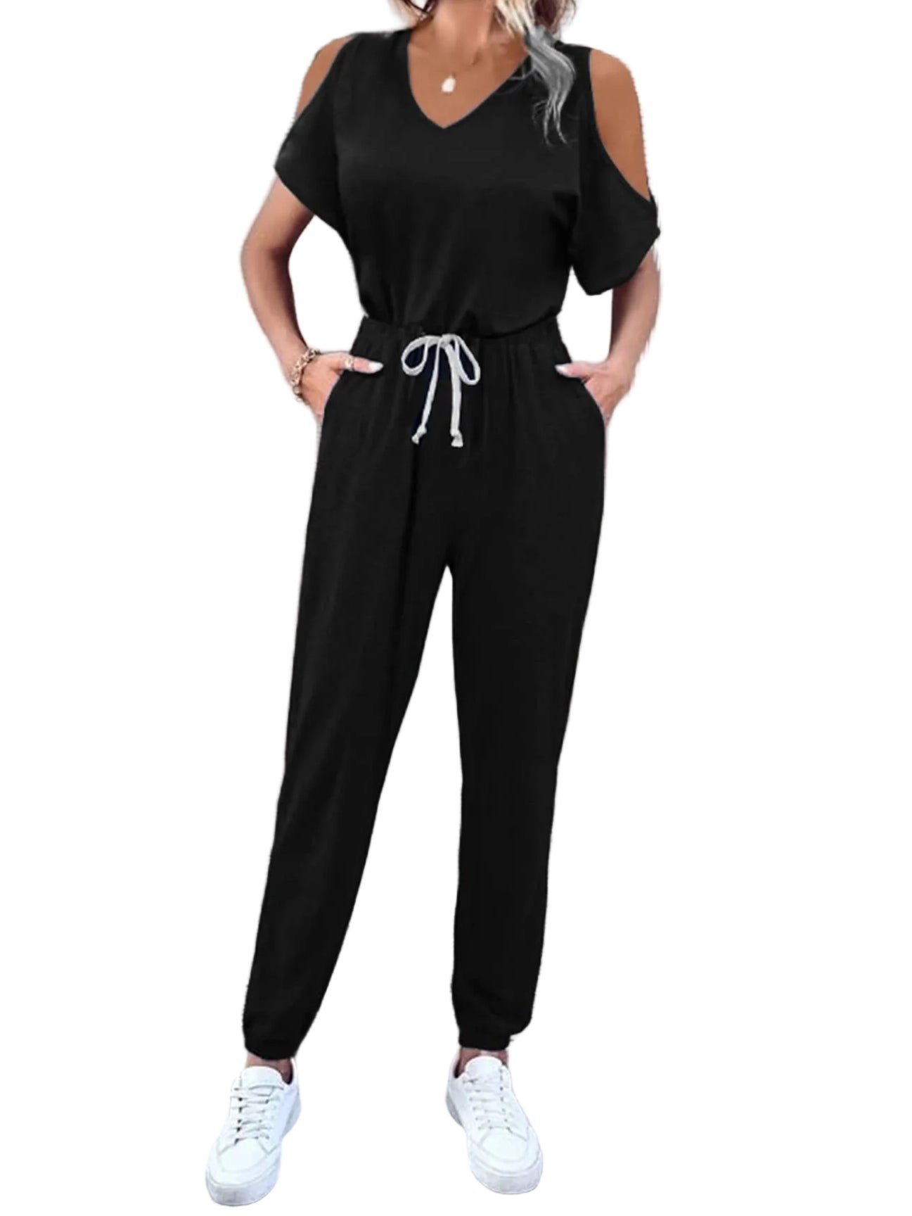 Cold-Shoulder Elastic Waist One-Piece Ankle Jogger V-Neck Pocket Jumpsuit