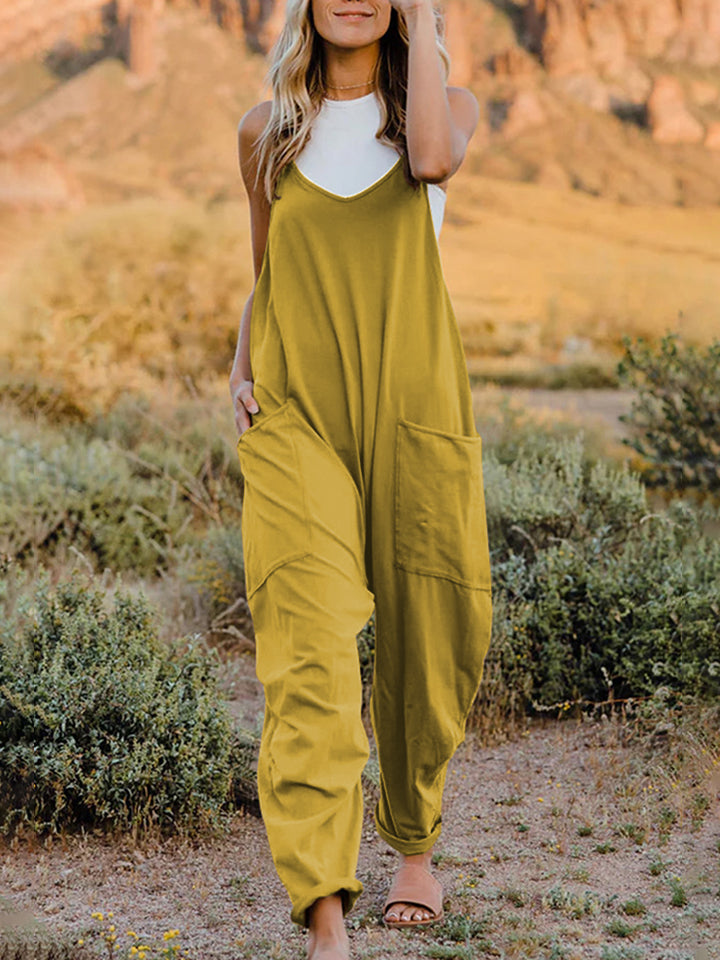 Oversized Hippie V-Neck Sleeveless Wide Leg Pant Pocket Jumpsuit Bohemian Outfit