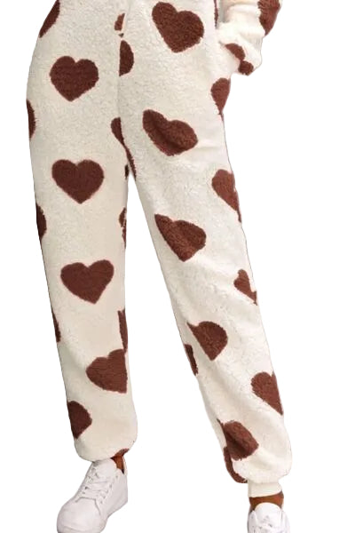 Fuzzy Sherpa Heart Hooded Zip-Up Teddy Sherpa One-Piece Loungewear Jumpsuit