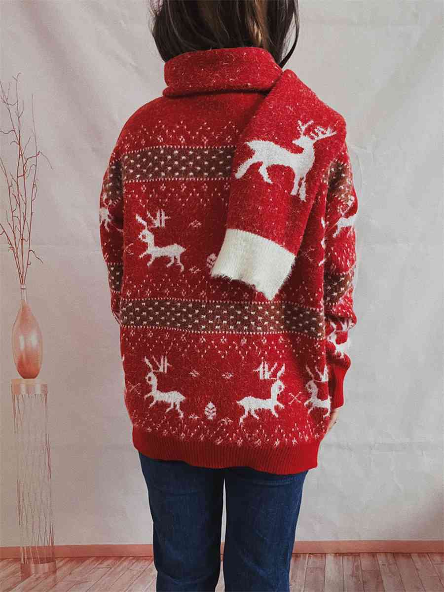 2-Piece Reindeer Fuzzy Soft Knit Sweater Scarf Match Set Holiday Winter Pullover