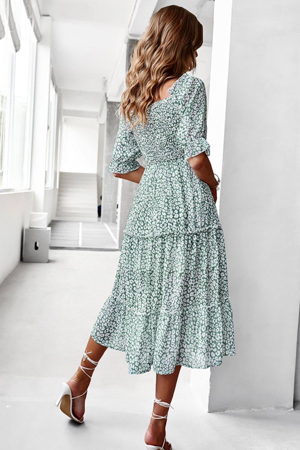 Pastel Ditsy Floral Midi Off-Shoulder Smocked Dress