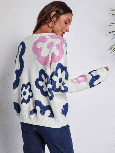 Funky Flower Knit Pullover Hippie Retro Daisy Long Sleeve Colorful Sweater Shirt