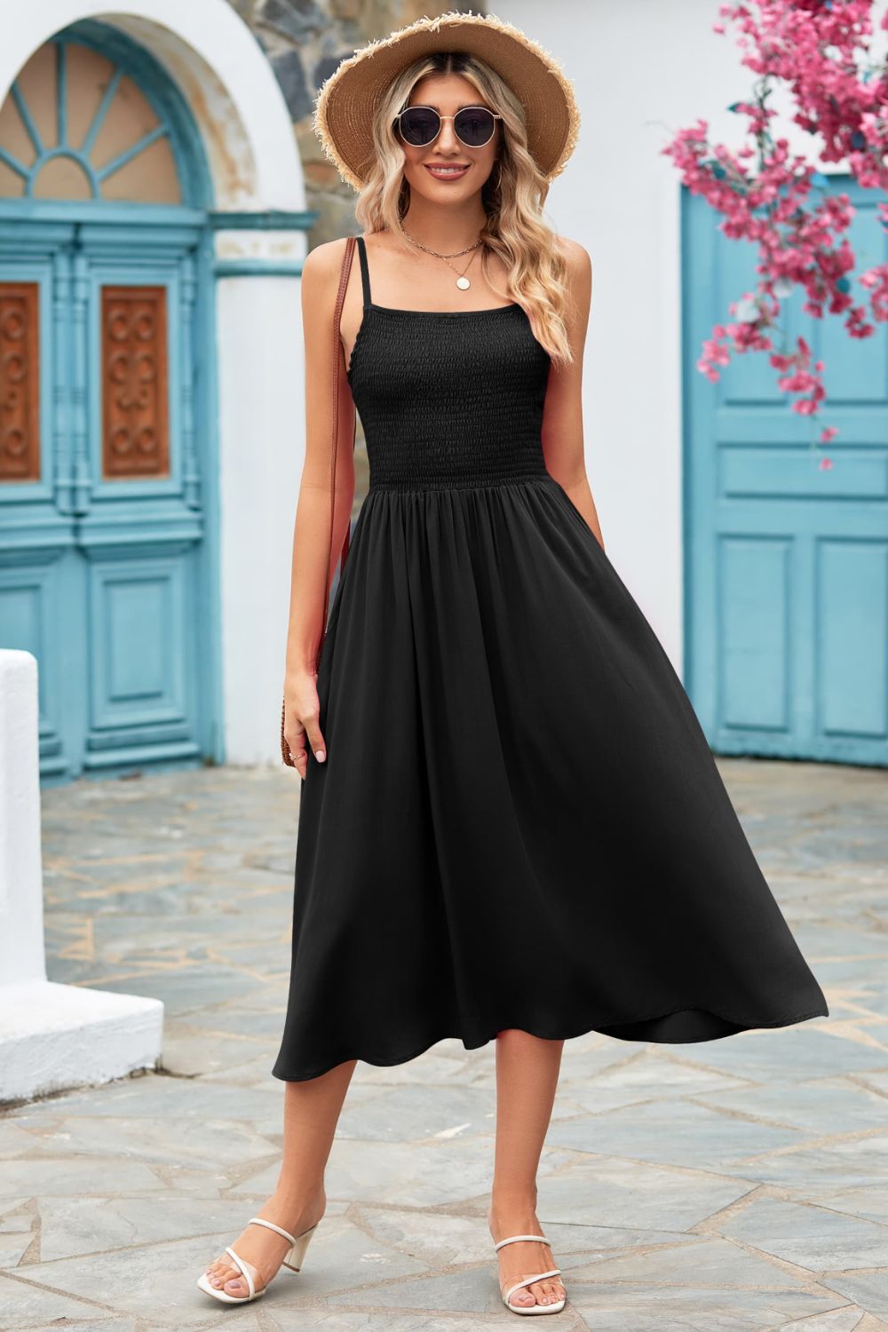 Classic Smock Bodice Spaghetti Strap Midi Summer Dress