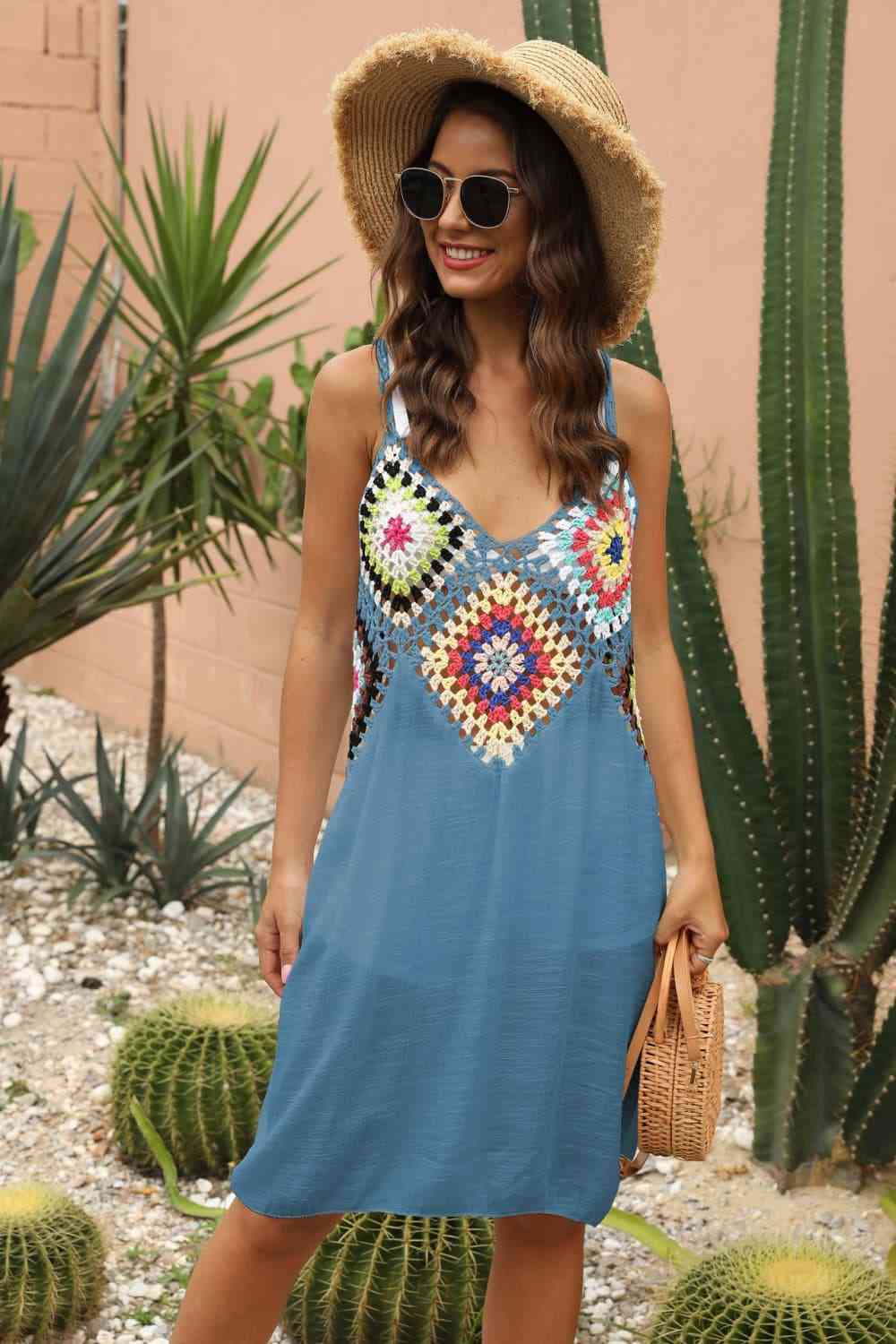 Granny Square Crochet Openwork Retro Swimwear Cover-Up Sleeveless Mini Dress