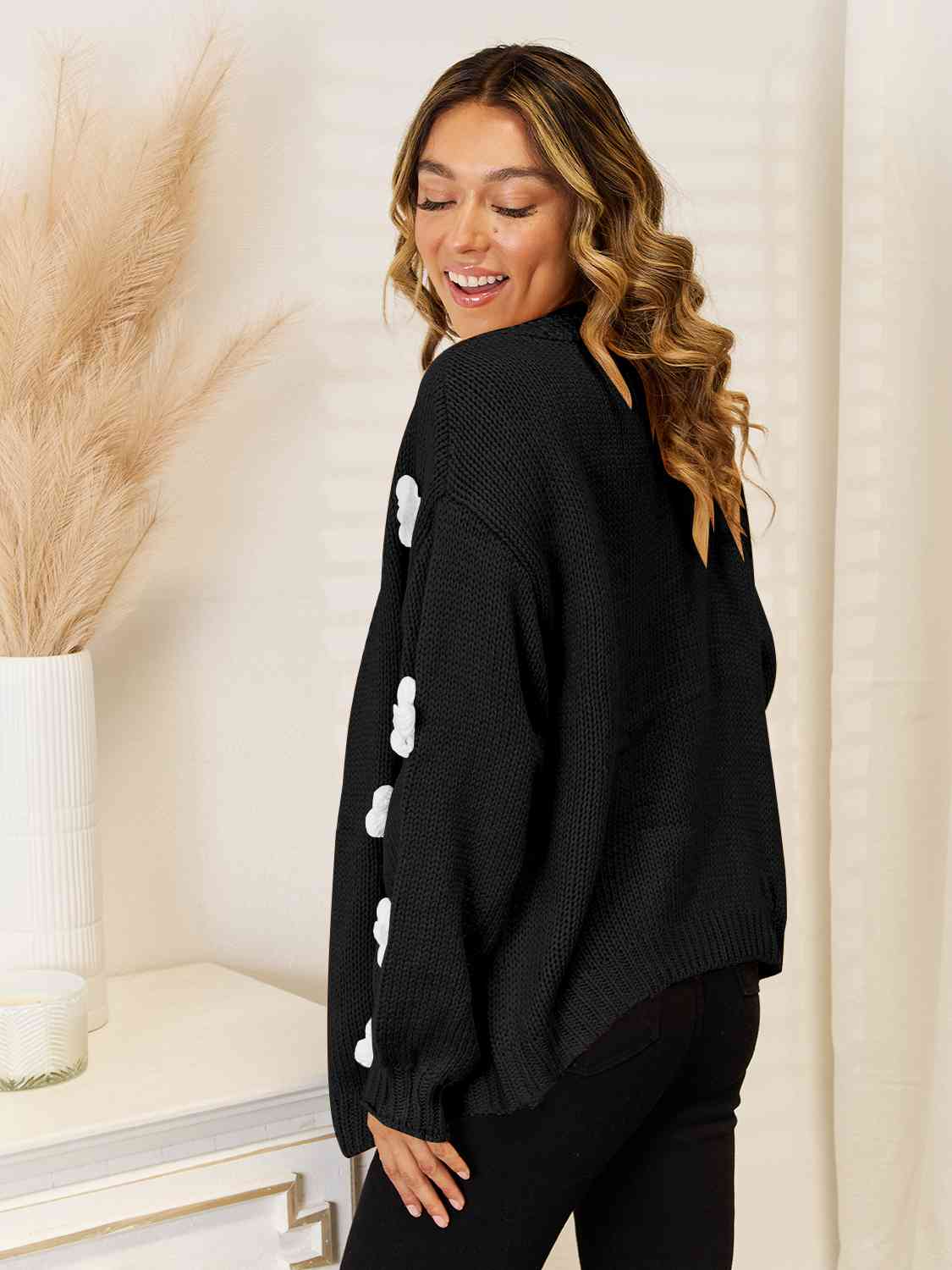 Contrasting 3D Crochet Flower Long Sleeve Open Front Oversized Knit Cardigan