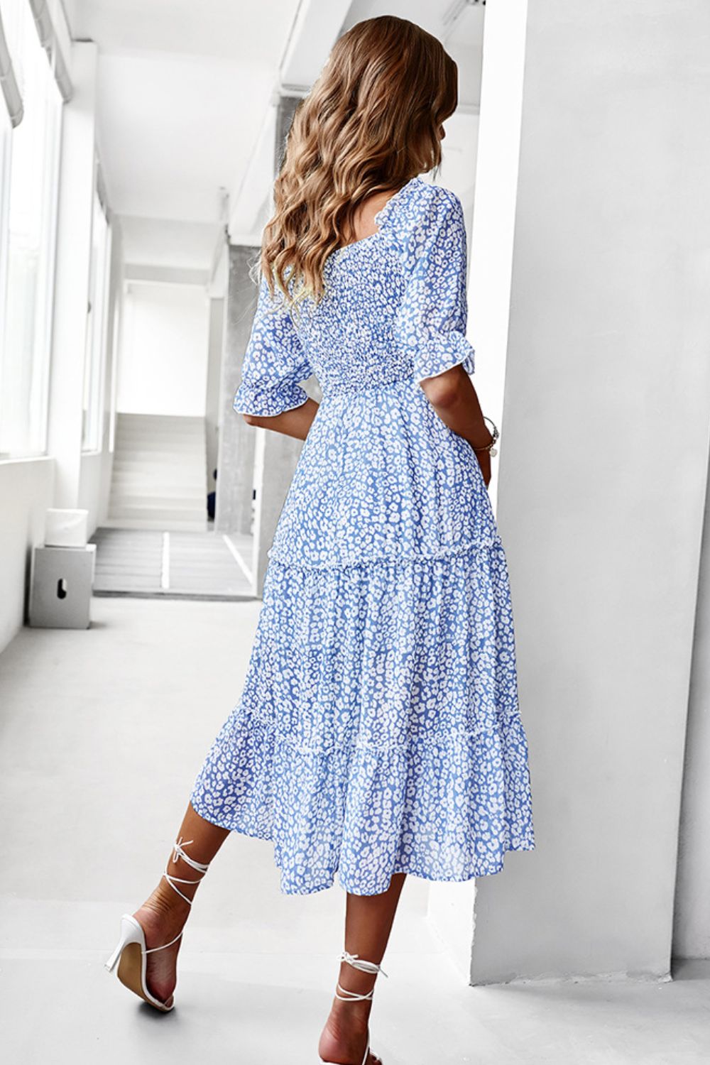 Pastel Ditsy Floral Midi Off-Shoulder Smocked Dress