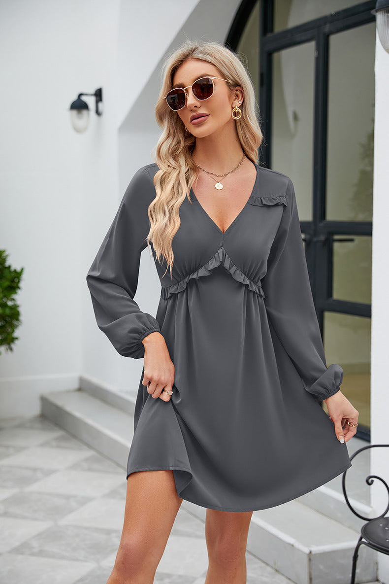 ALL RUFFLED UP V-Neck Frill Long Sleeve Mini Dress