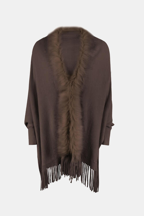 Plush Faux Fur Retro Fringe Hem Open Front Knit Poncho Knit Cardigan