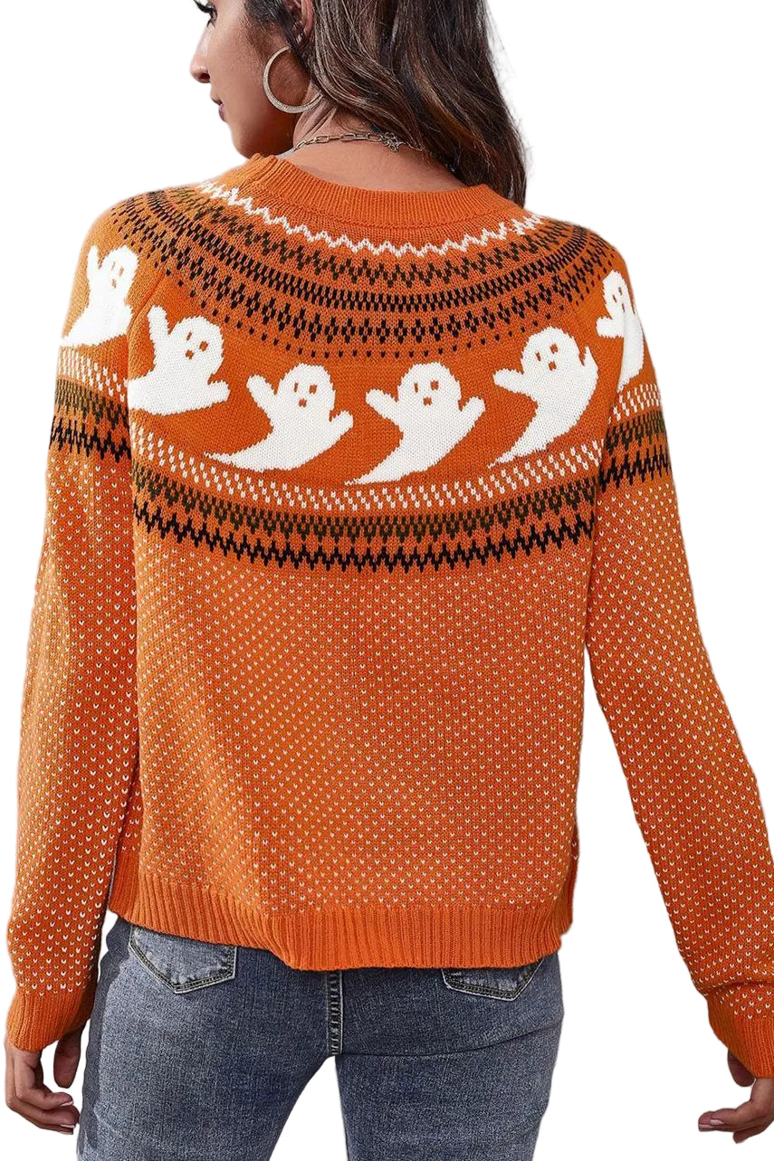 Ghost Fair Isle Nordic Crew Neck Top Long Sleeve Halloween Pullover Knit Sweater