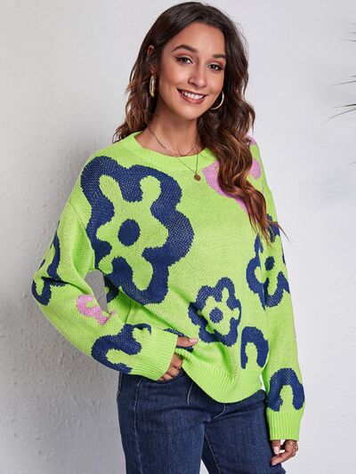 Funky Flower Knit Pullover Hippie Retro Daisy Long Sleeve Colorful Sweater Shirt