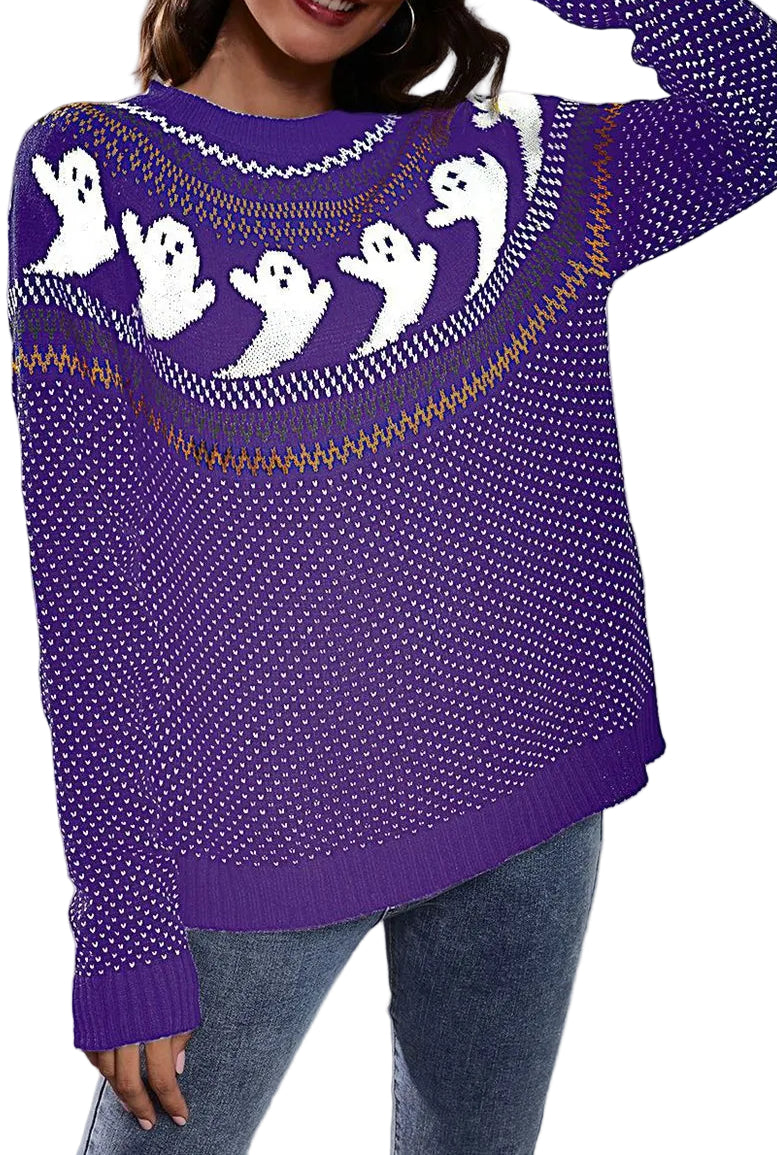 Ghost Fair Isle Nordic Crew Neck Top Long Sleeve Halloween Pullover Knit Sweater